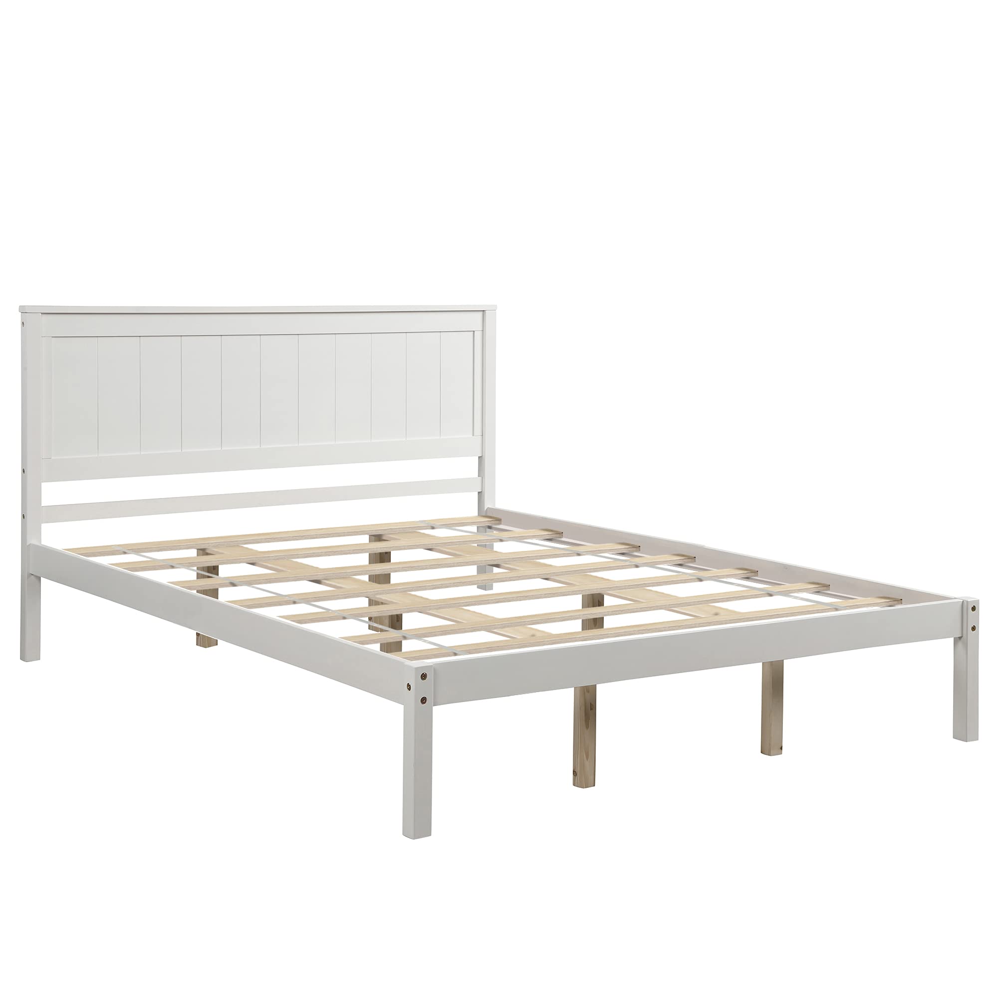 JULYFOX Queen Platform Bed Frame - White Wood Headboard, 400lb Capacity for Bedroom