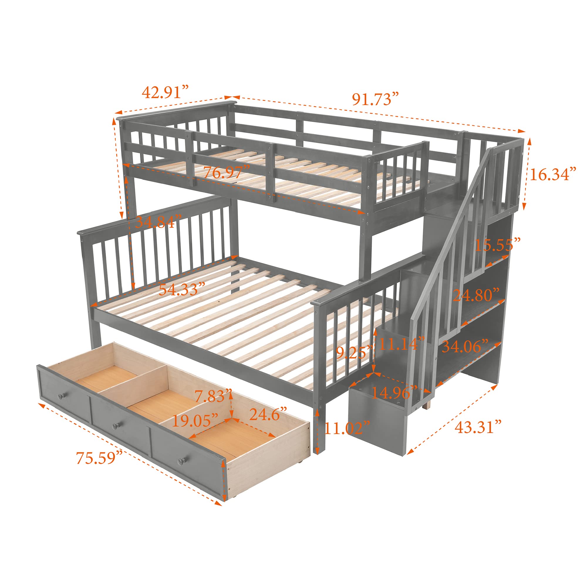 P PURLOVE Twin-Over-Full Bunk Bed with Drawer & Side Storage - Solid Wood Bunk Bed for Kids, Teens & Adults - Space-Saving Solution for Small Bedrooms, Dorm Rooms & Guest Rooms