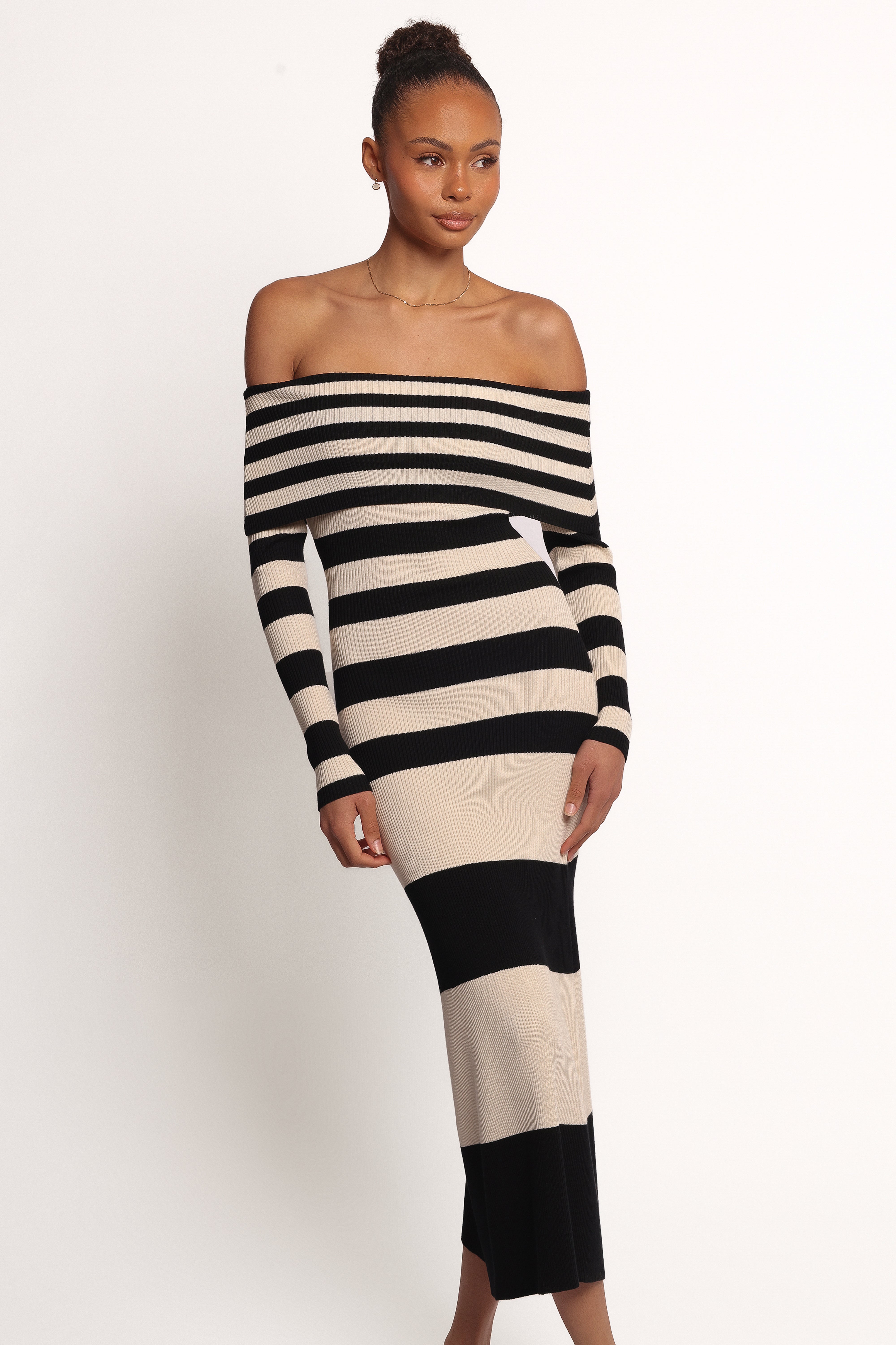 Banks Off Shoulder Knit Dress - Black & Cream Stripe | Women's Casual Summer Dress for Beach, Party & Date Night