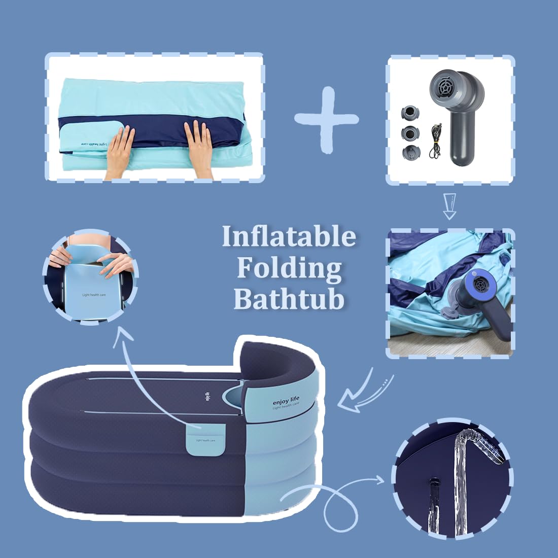 Foldable Portable Inflatable Bathtub with Electric Air Pump - Eco-Friendly Soaking Tub for Adults, Spa & Relaxation - Insulated Bath Cover with Zipper for Long Heat Retention - Perfect for Small Bathrooms, Apartments & Outdoor Use (Knight Blue)