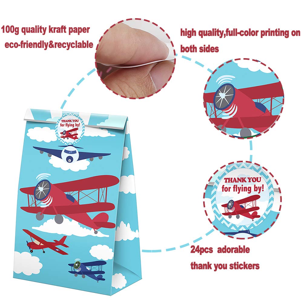 SamPartyShop 24-Piece Airplane Goodie Bags with Stickers - Airplane Themed Party Favors, Candy Bags & Gift Treats for Birthday Celebrations, Travel Themed Events & Kids' Parties