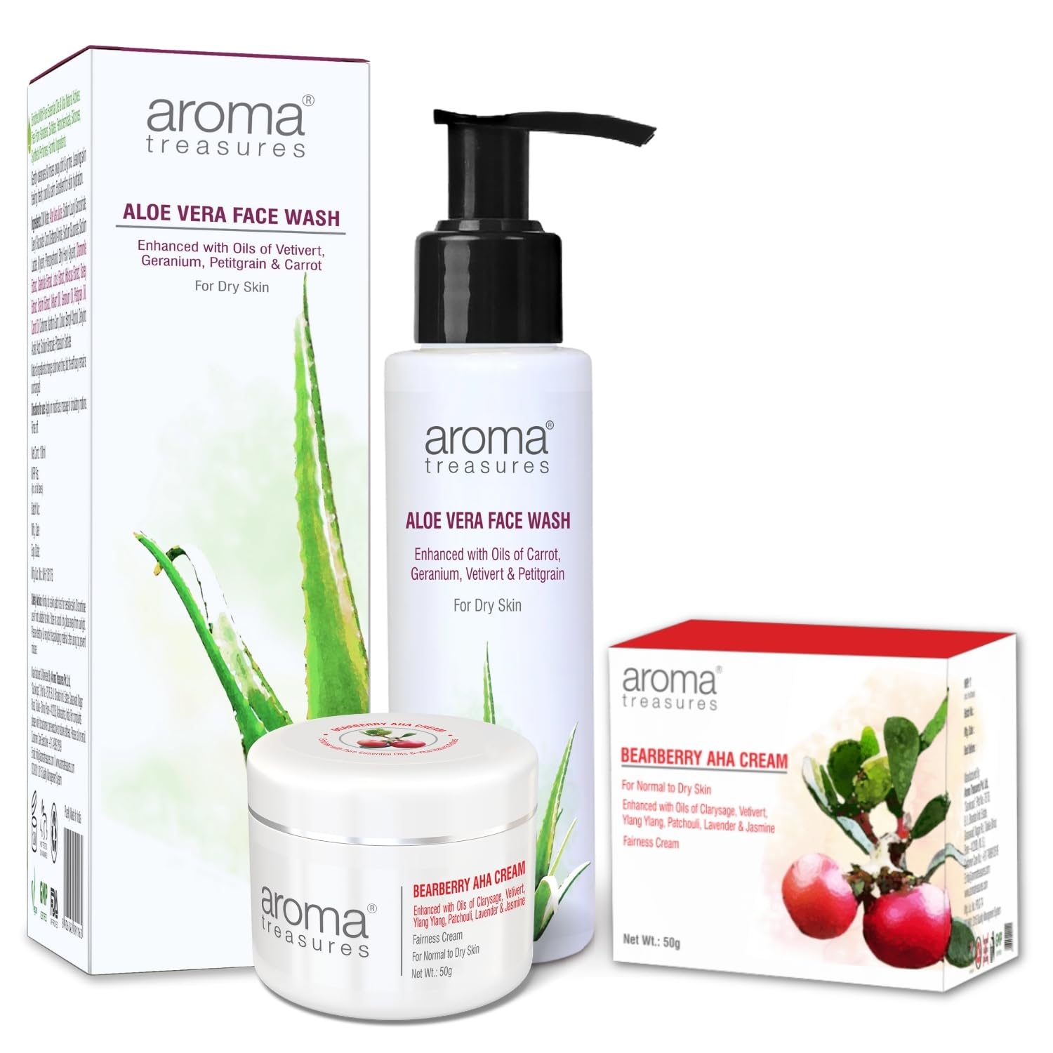 Bearberry AHA Cream & Aloe Vera Face Wash Combo Set - Brightening & Hydrating Skincare Duo for Glowing Skin | Perfect for Daily Cleansing & Nighttime Moisturizing Routine