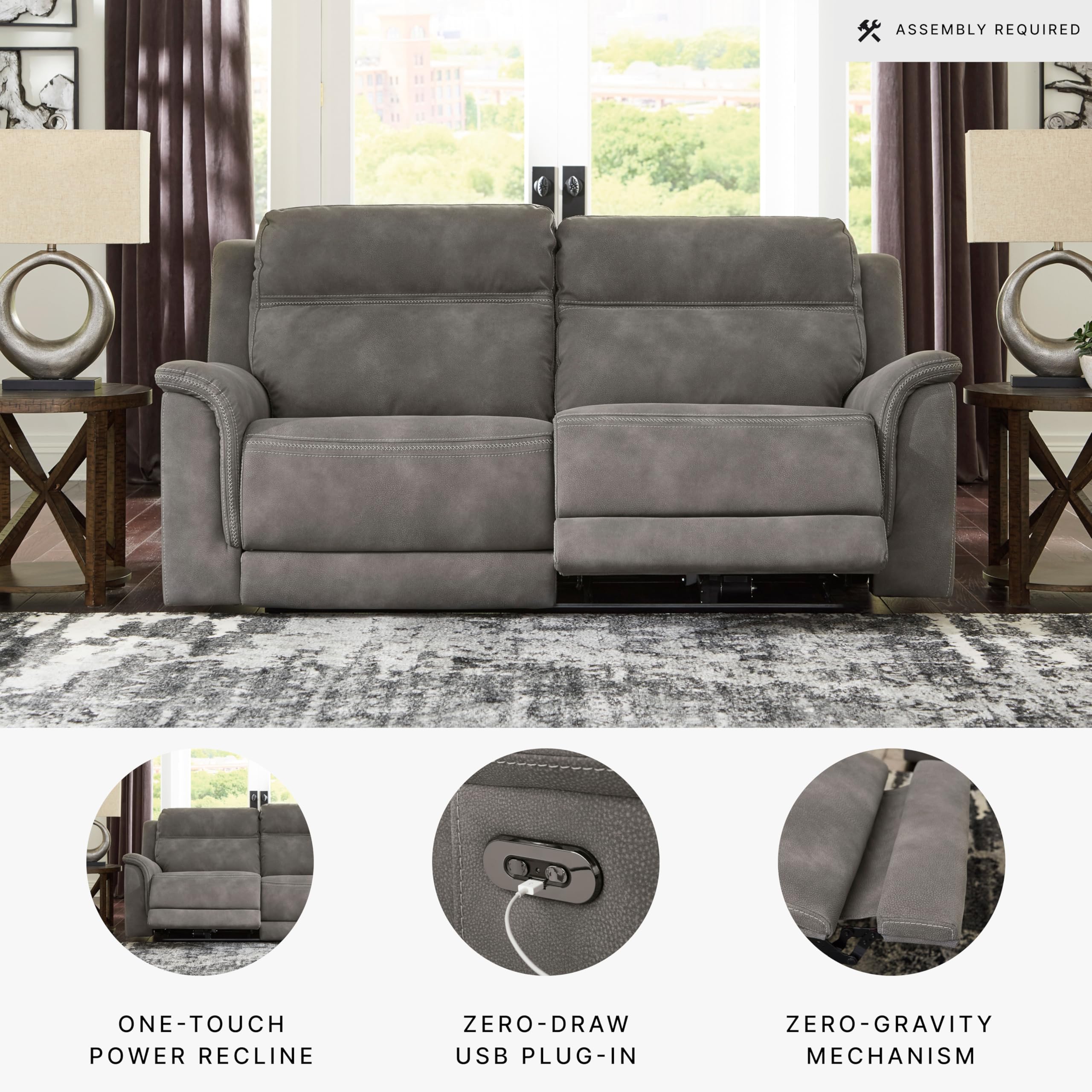 Ashley Next-Gen DuraPella Faux Leather Power Recliner Sofa with USB Charger - Zero Wall Reclining, Slate Gray - Perfect for Small Spaces & Home Theater Seating