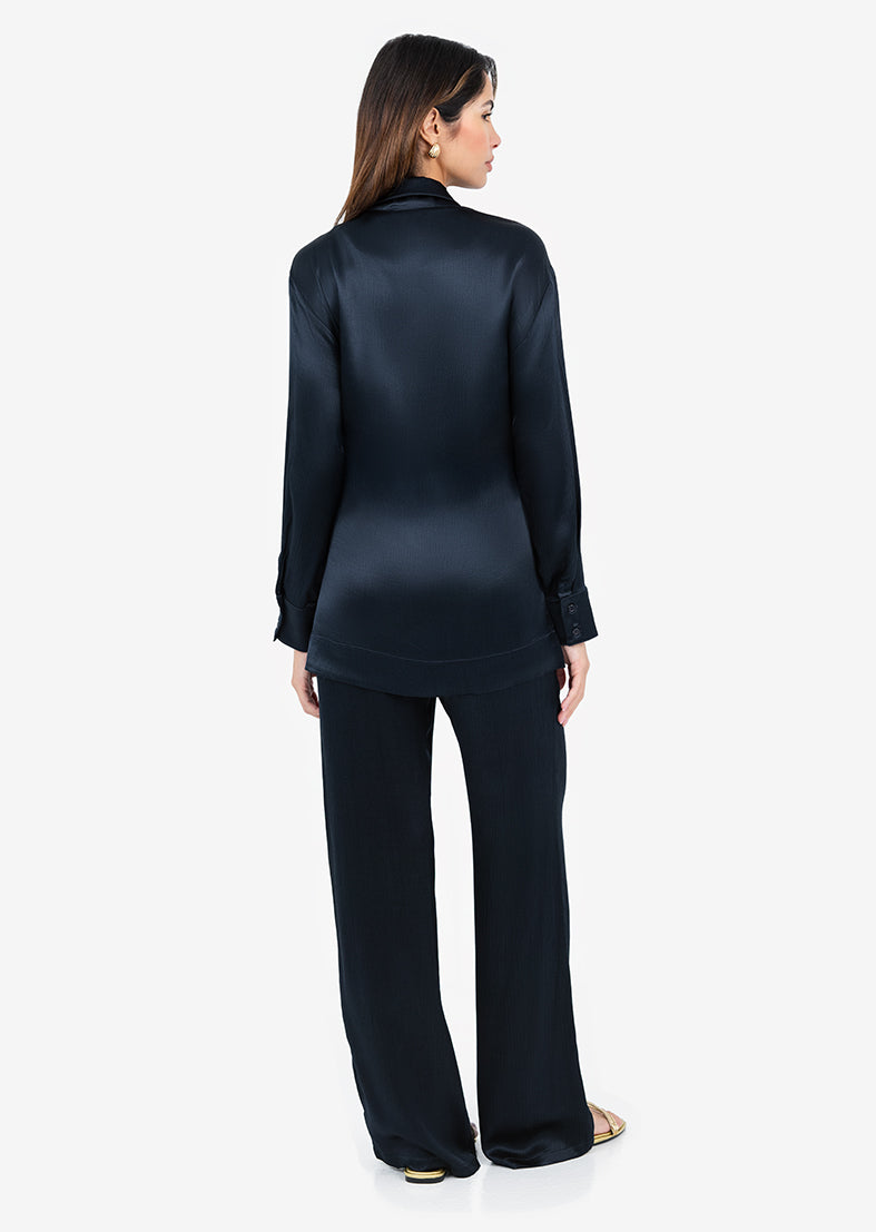Plisse Side Tie Jacket for Women - Midnight Navy Shiny Outerwear | Elegant Blazer with Adjustable Waist Tie | Perfect for Office, Party & Evening Occasions