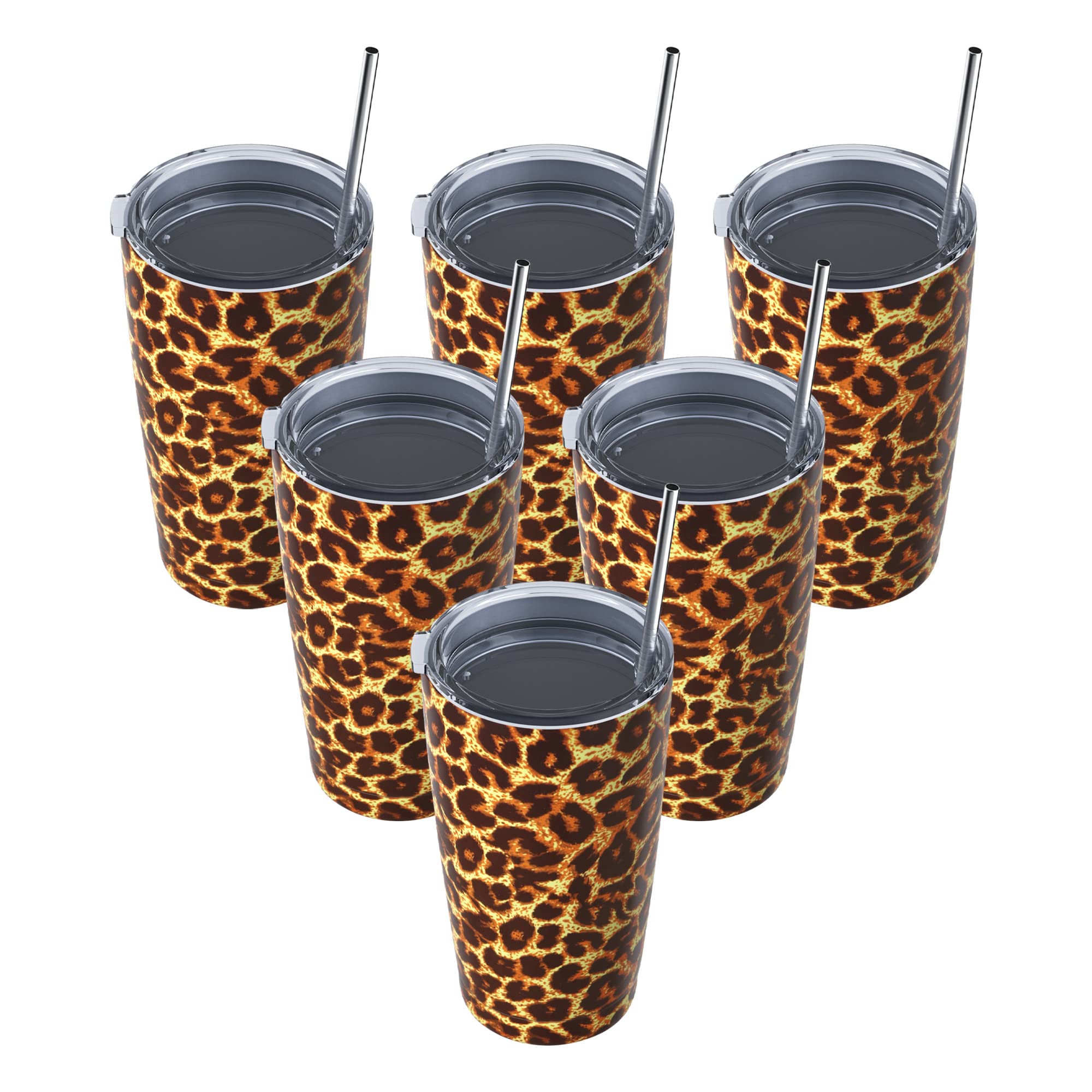 MUCHENGHY 20oz Stainless Steel Tumbler with Lid & Straw - Double Wall Vacuum Insulated Coffee Cup for Hot & Cold Drinks - Leopard Print Travel Mug (6 Pack) - Perfect for Office, Gym, Hiking and Road Trips