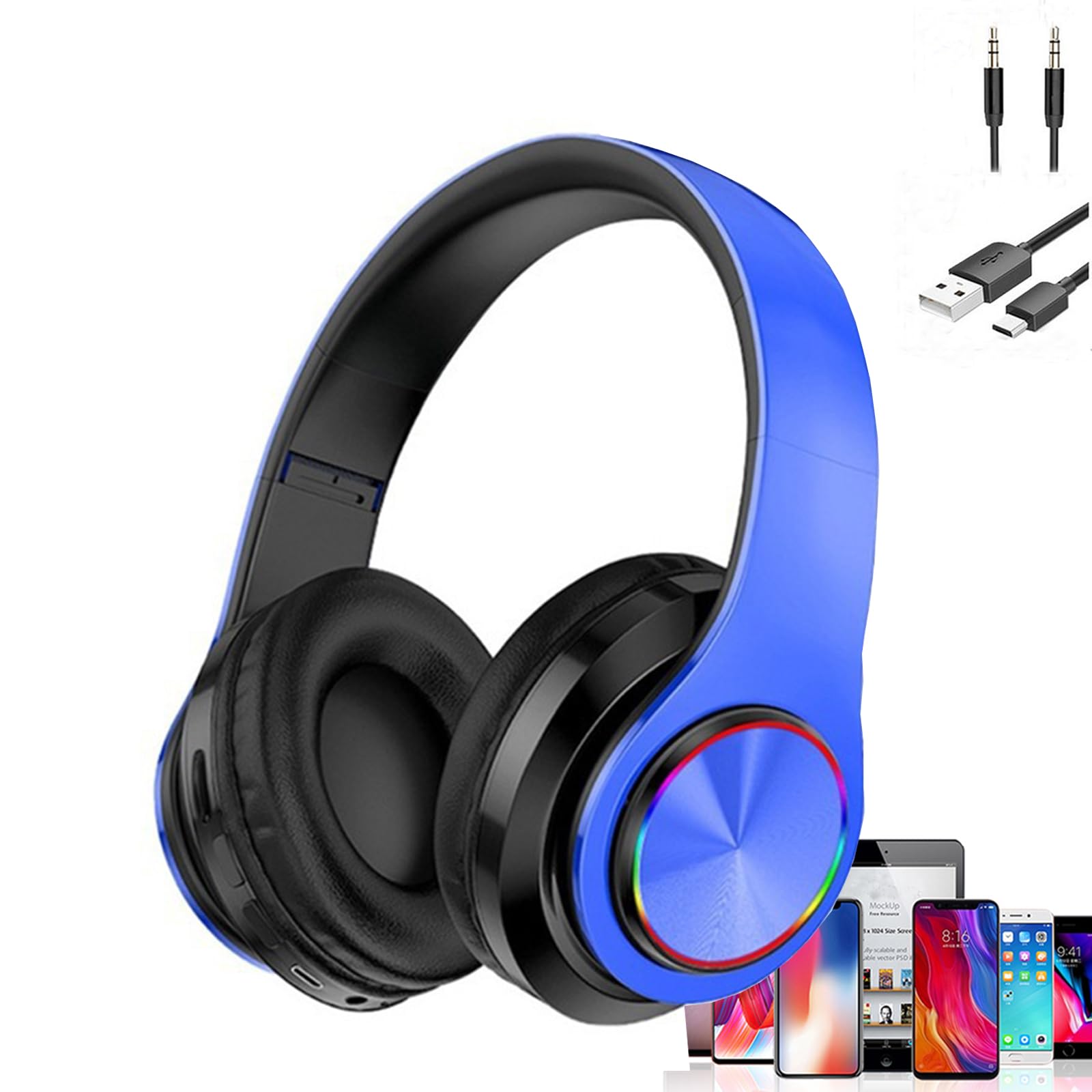 Kids Bluetooth Headphones with Colorful LED Lights - Wireless Over-Ear Headphones with Built-in Mic, Foldable Lightweight HiFi Stereo Sound for School, Gaming, Travel & Home Use - Perfect Gift for Boys & Girls (Blue)