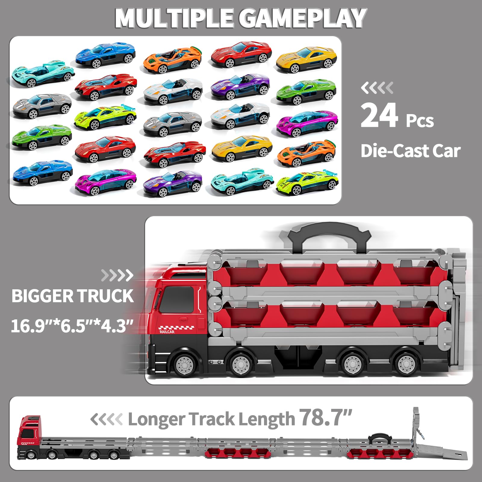iHaHa 78-Inch Large Transport Truck Toy with 24 Die-Cast Cars - Play Vehicle Set for Kids Ages 2-7 - Perfect Gift for Boys & Girls - Red | Pretend Play, Car Storage & Travel Entertainment