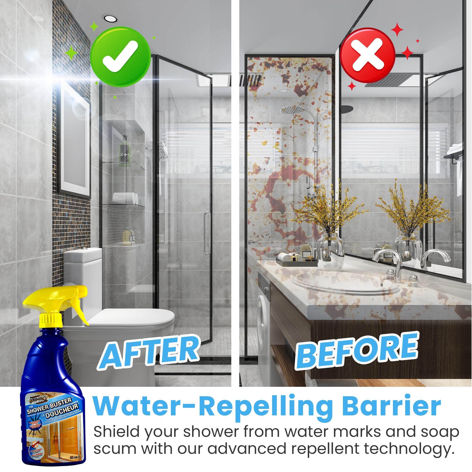 Shower Cleaner Buster Spray - Powerful Glass Shower Door Cleaner, Removes Soap Scum & Water Stains (500ml/16.9oz) - Perfect for Bathroom, Kitchen & Tile Cleaning - Ideal for Daily Use & Deep Cleaning