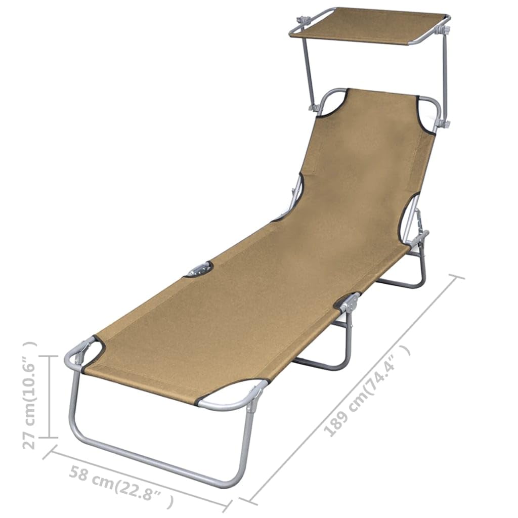 Portable Folding Sun Lounger with Adjustable Canopy - Heavy Duty Steel Frame in Taupe (Supports 300 lbs) - Perfect for Beach, Poolside, Patio & Backyard Relaxation