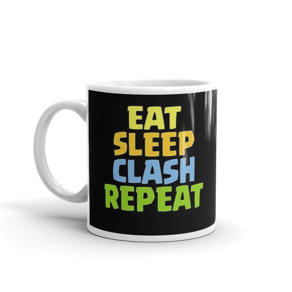 Eat Sleep Clash Repeat Funny 11 Oz White Ceramic Coffee Mug - Glossy Finish Gift for Gamers & Coffee Lovers - Perfect for Gaming Sessions, Office Use & Home Decor