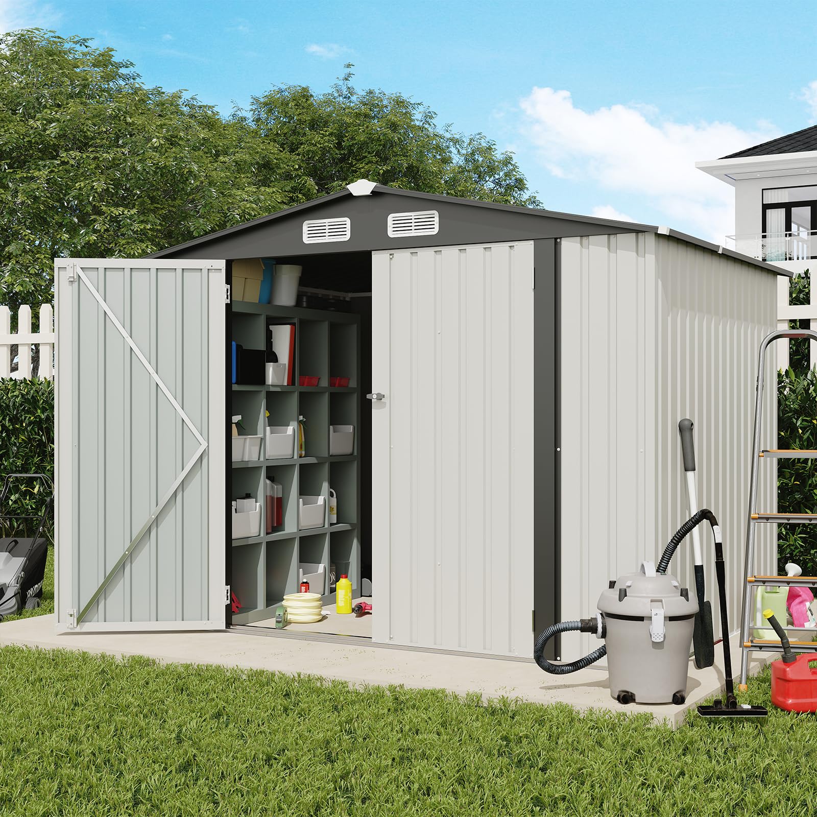 Verano Garden 8x6 FT Outdoor Storage Shed | Galvanized Steel Metal Garden Shed with Double Doors & Lock | Weatherproof Tool House for Backyard, Patio, Lawn & Garden Organization | Perfect for Storing Lawn Mowers, Gardening Tools & Outdoor Equipment
