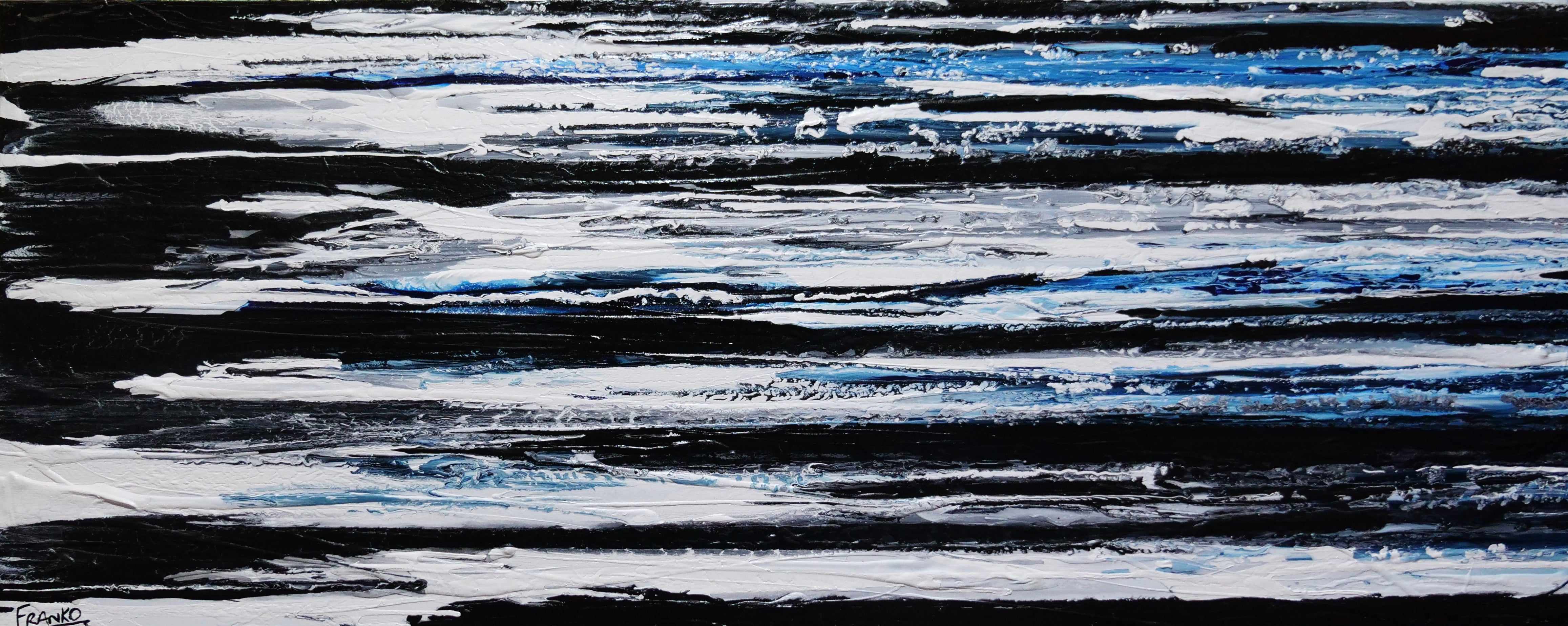 Arctic Prush 200cm x 80cm Black White Blue Textured Abstract Canvas Art - Modern Wall Decor for Living Room, Bedroom & Office