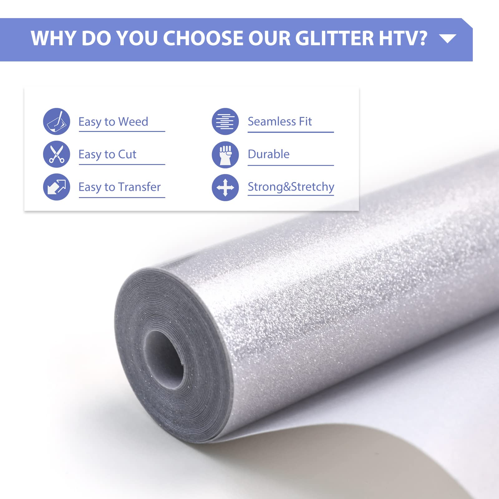 HTVRONT Silver Glitter Heat Transfer Vinyl Roll - 12