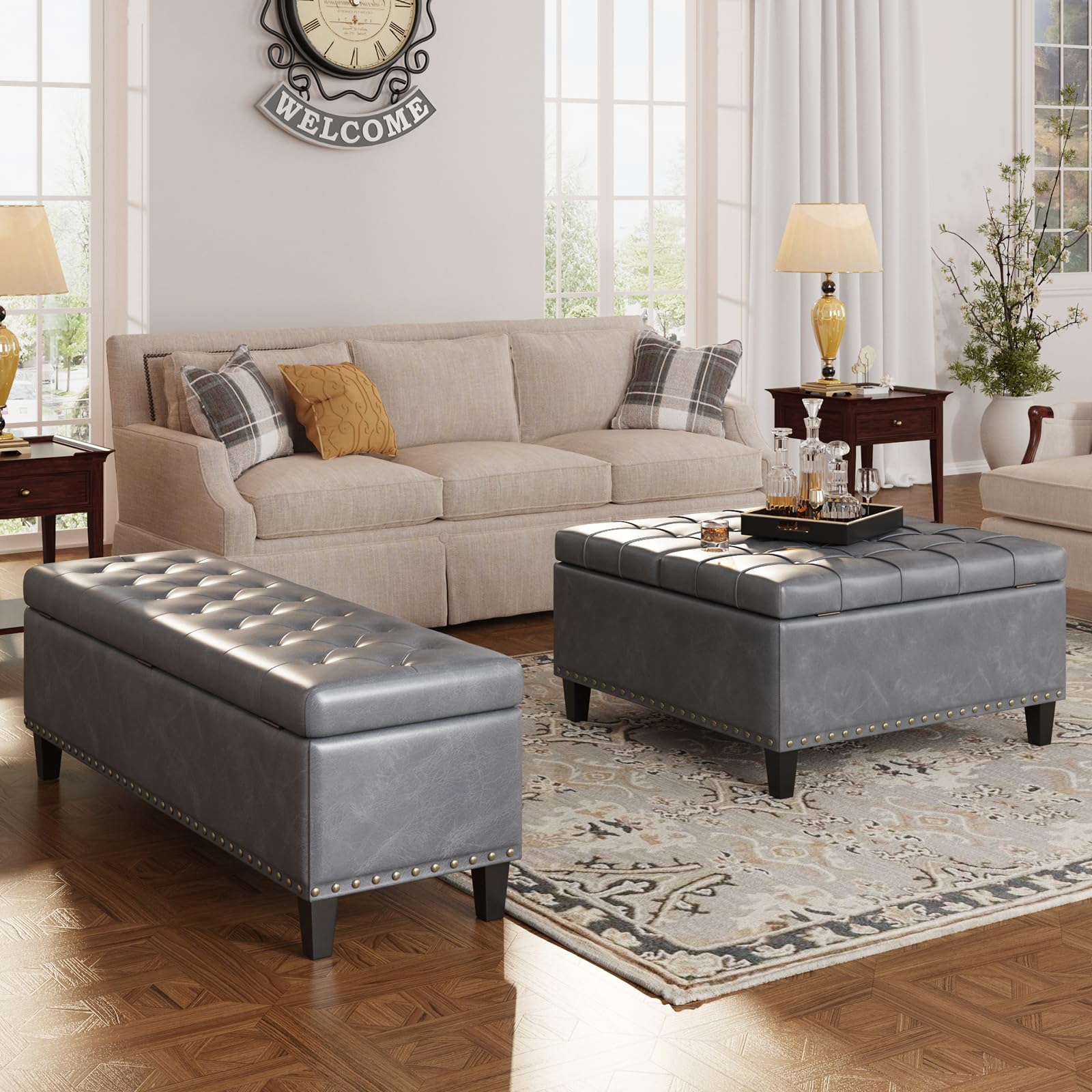 Tufted Square Ottoman Coffee Table with Storage - Leather Upholstered Cube Storage Ottoman Footrest Stool for Living Room & Bedroom - Grey - Perfect as Toy Box, Extra Seating & Stylish Home Decor