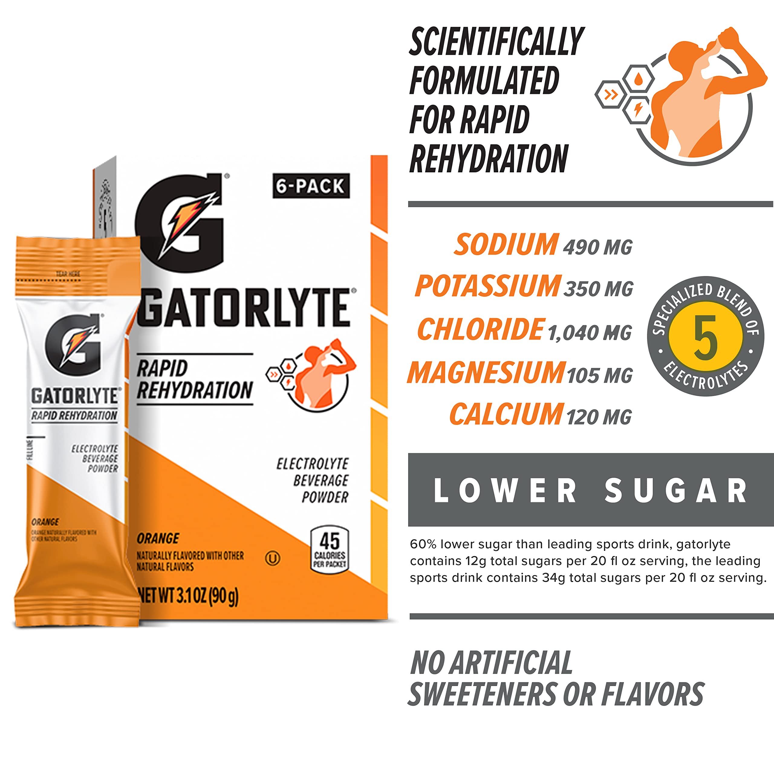 Gatorlyte Orange Electrolyte Powder - Pack of 48 (20 Fl Oz Each) | Fast Hydration for Athletes, Workout Recovery & Outdoor Activities