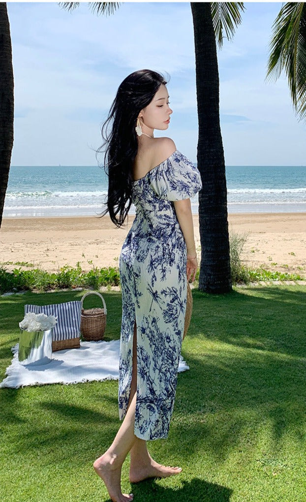 French Square Neck Puff Sleeve Off Shoulder Long Dress - Elegant Summer Midi Dress for Women, Perfect for Beach Vacation, Wedding Guest & Date Night Outfits