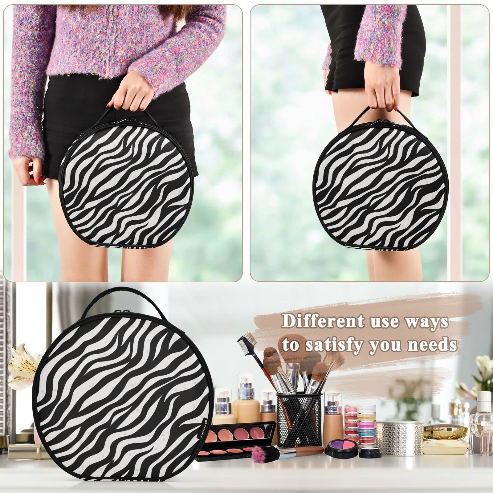 Linqin Portable Makeup Bag for Women - Travel Makeup Organizer with Adjustable Dividers, Black White Zebra Fur Cosmetic Case for Brushes, Toiletries & Jewelry | Perfect for Travel, Gym & Daily Use