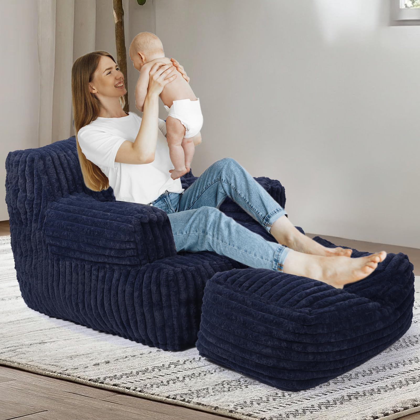 Extra Large Bean Bag Chair for Adults - Oversized Bean Bag Sofa with Ottoman, Ultra Comfortable Reading Chair for Dorm, Living Room & Bedroom (Navy Blue) - Perfect for Relaxing, Gaming & Movie Nights