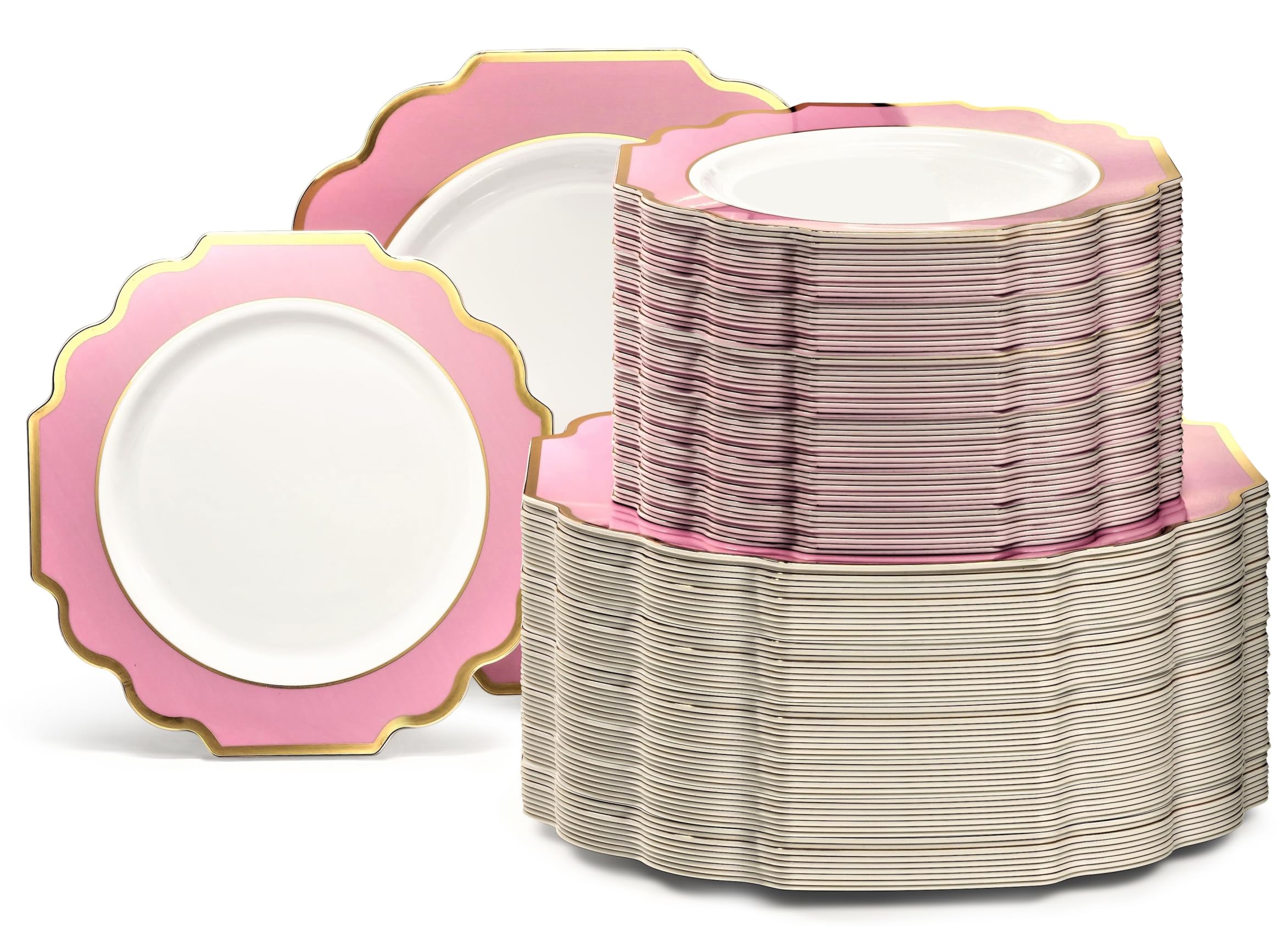 240-Piece Heavyweight Disposable Plastic Plates Set for Weddings & Parties - 120 x 10.5'' Dinner Plates + 120 x 8'' Salad/Dessert Plates in Light Pink & Gold | Elegant Tableware for Bridal Showers, Baby Showers & Special Events