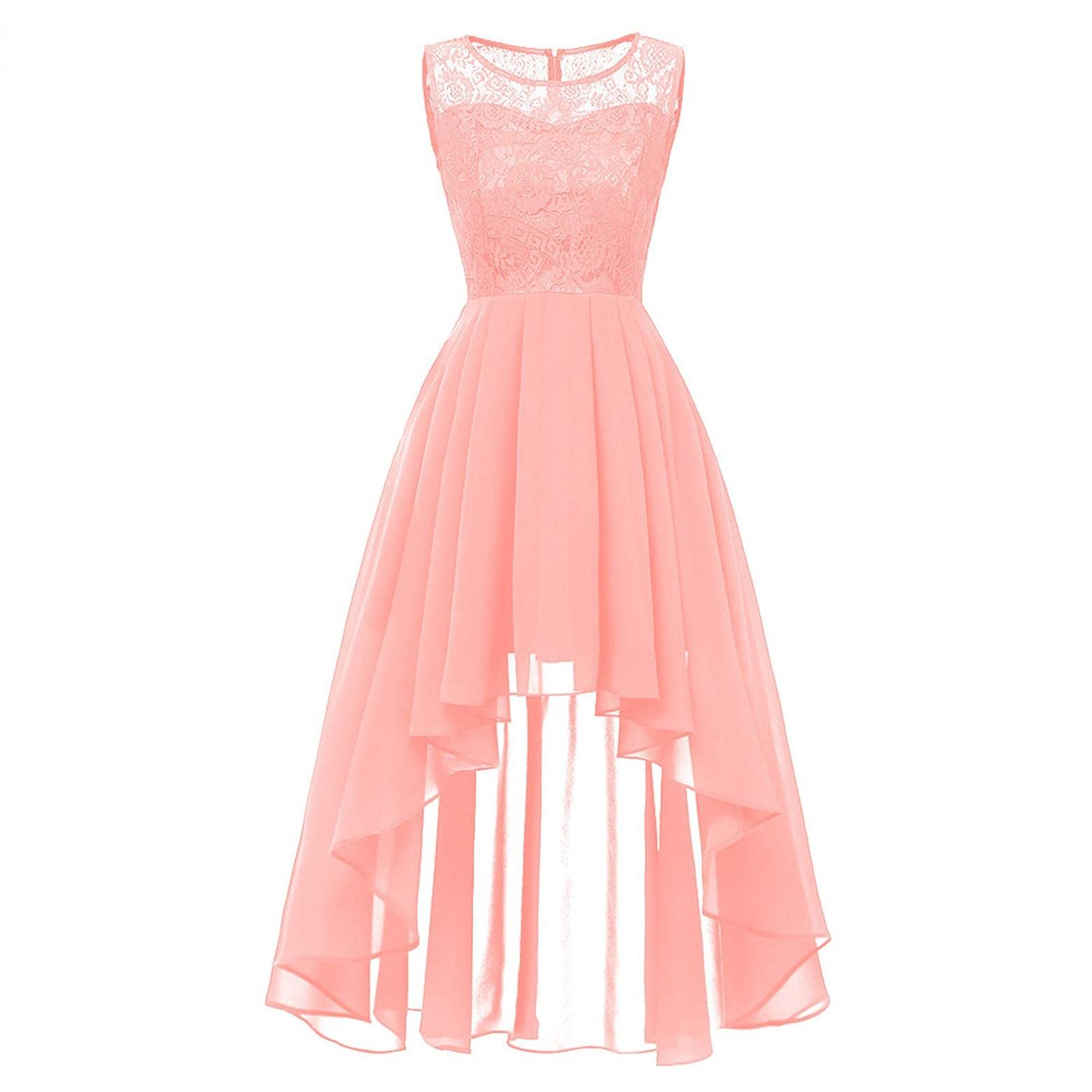 QWENTMTNTY Women's Floral Lace Sleeveless High-Low Dress - Empire Waist Summer Bridesmaid & Wedding Guest Dress in Pink | Perfect for Beach Weddings, Garden Parties & Special Occasions