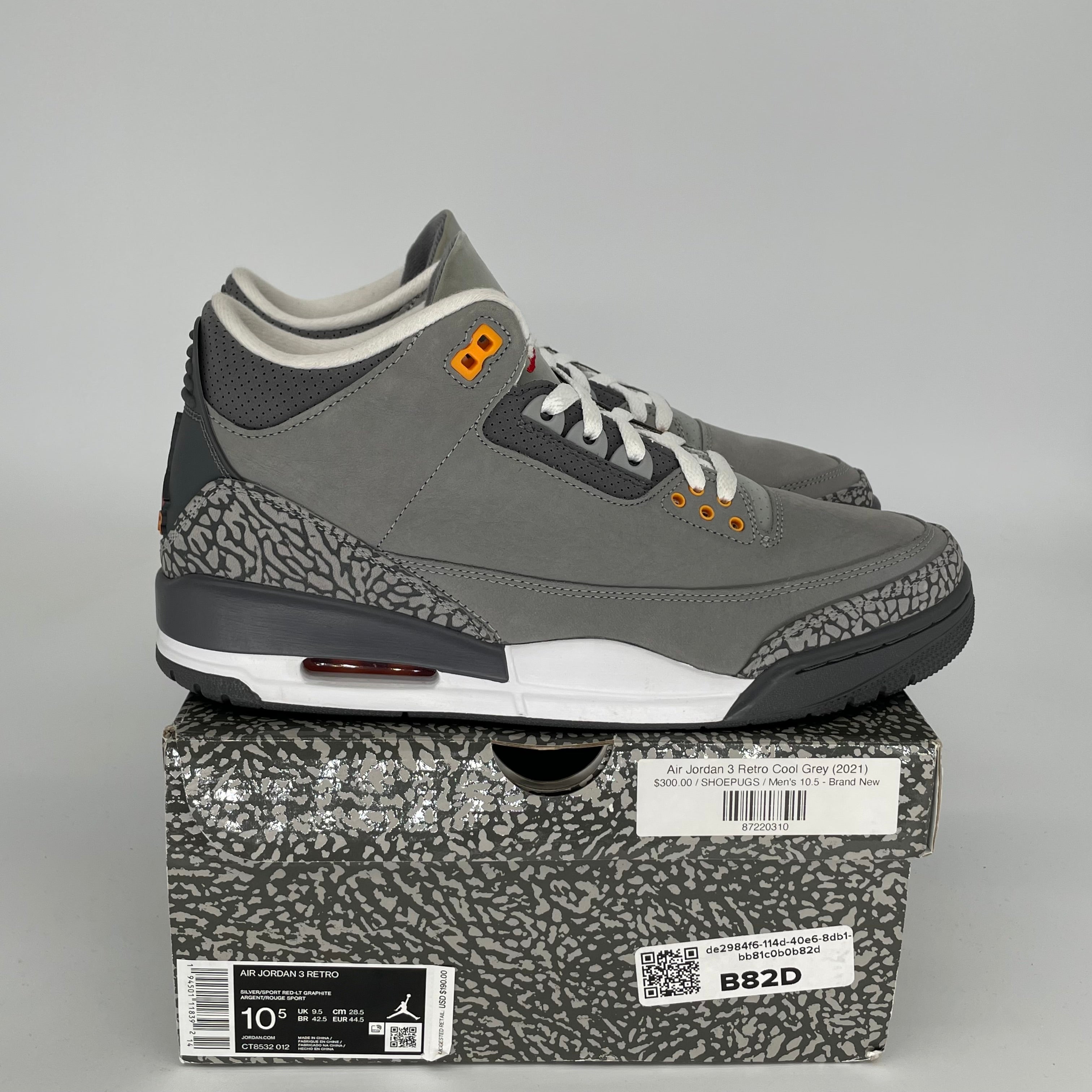 Original Air Jordan 3 Retro 'Cool Grey' Men's Basketball Shoes Size 10.5 (CT8532-012) - Perfect for Streetwear, Sneaker Collecting & Casual Fashion