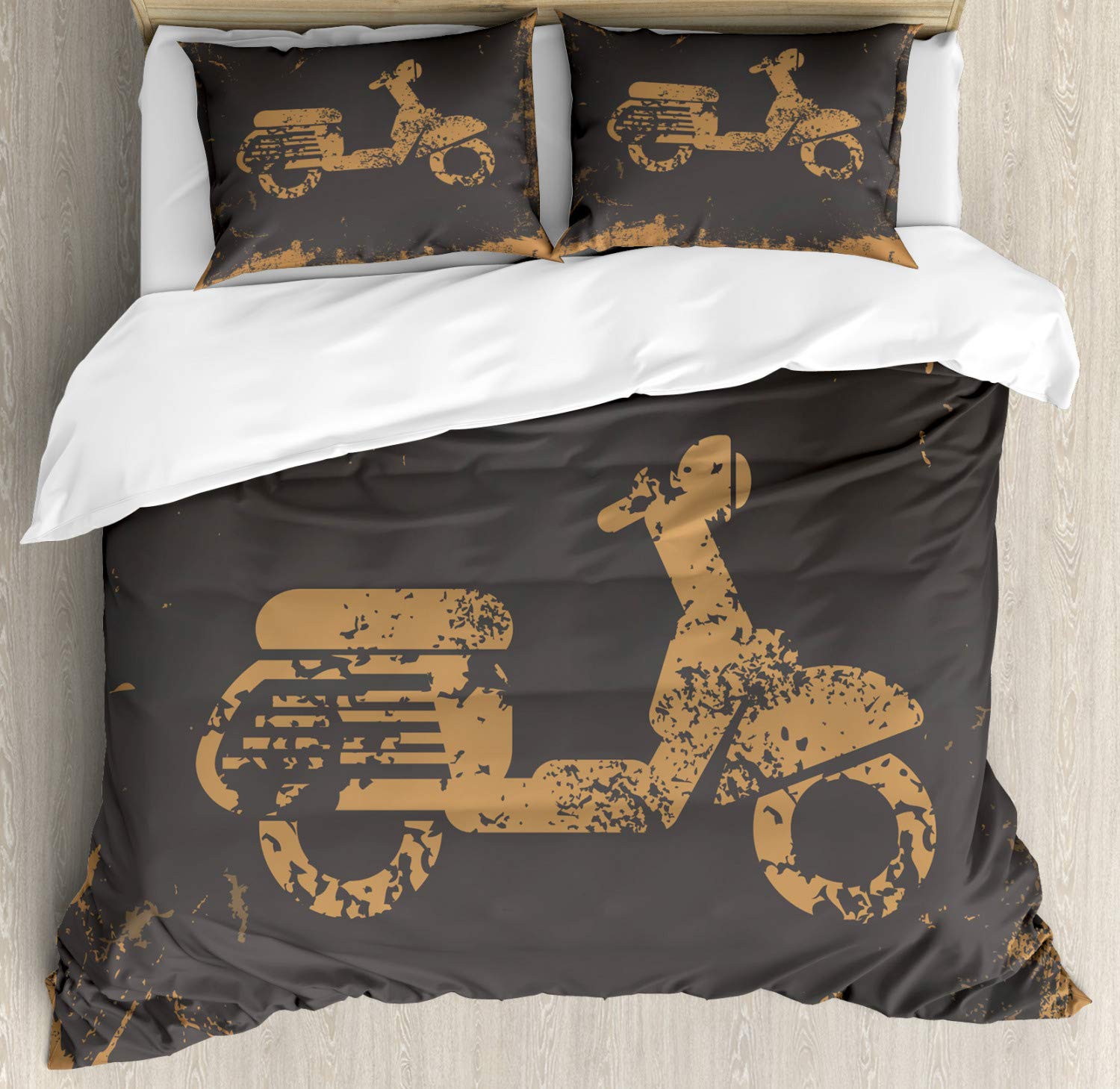 Ambesonne Grunge Duvet Cover Set - Vintage Motorcycle Design with Retro Sports Illustration, 2-Piece King Size Bedding Set with 4 Pillowcases in Charcoal Grey & Pale Brown | Perfect for Biker Themed Bedrooms, Man Caves & Retro Home Decor