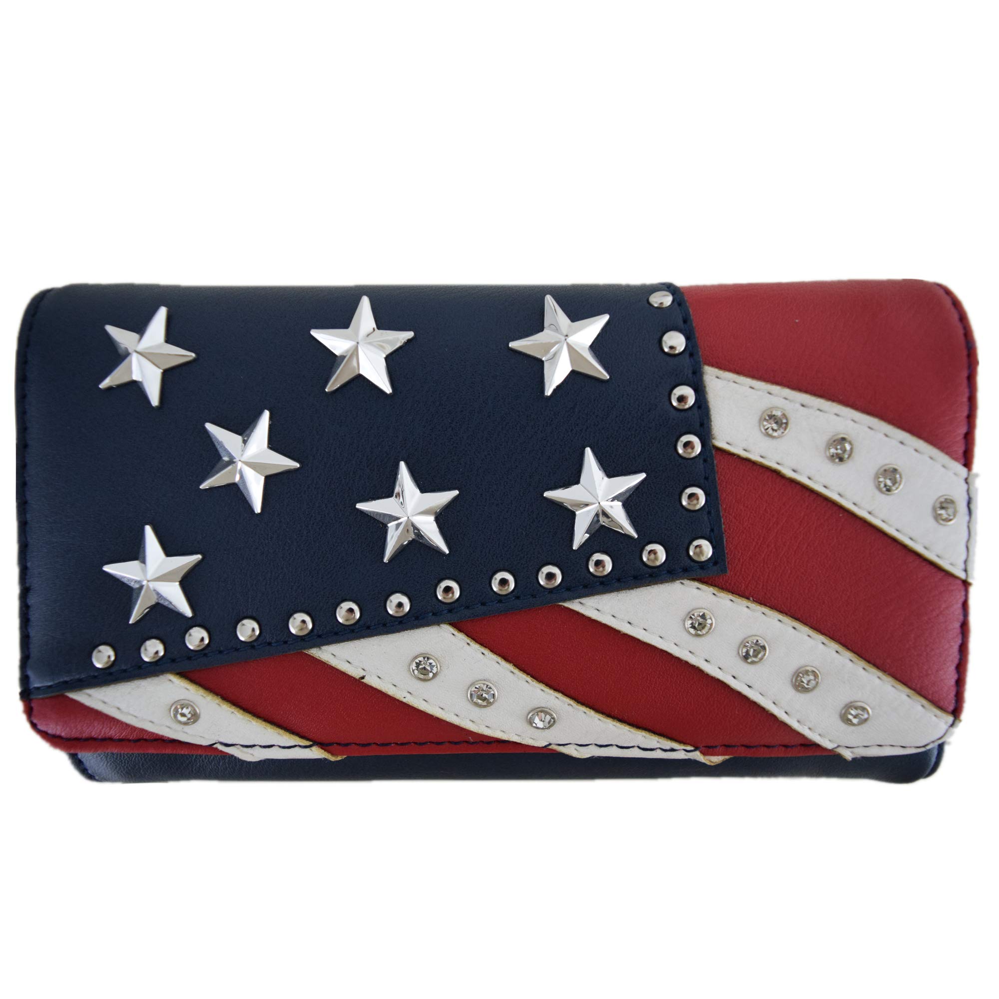 Western Cowgirl American Flag Rhinestone Leather Handbag & Wallet Set - Stars & Stripes Design, Red White Blue Large Women's Country Purse for Rodeo, Concerts, and Patriotic Events