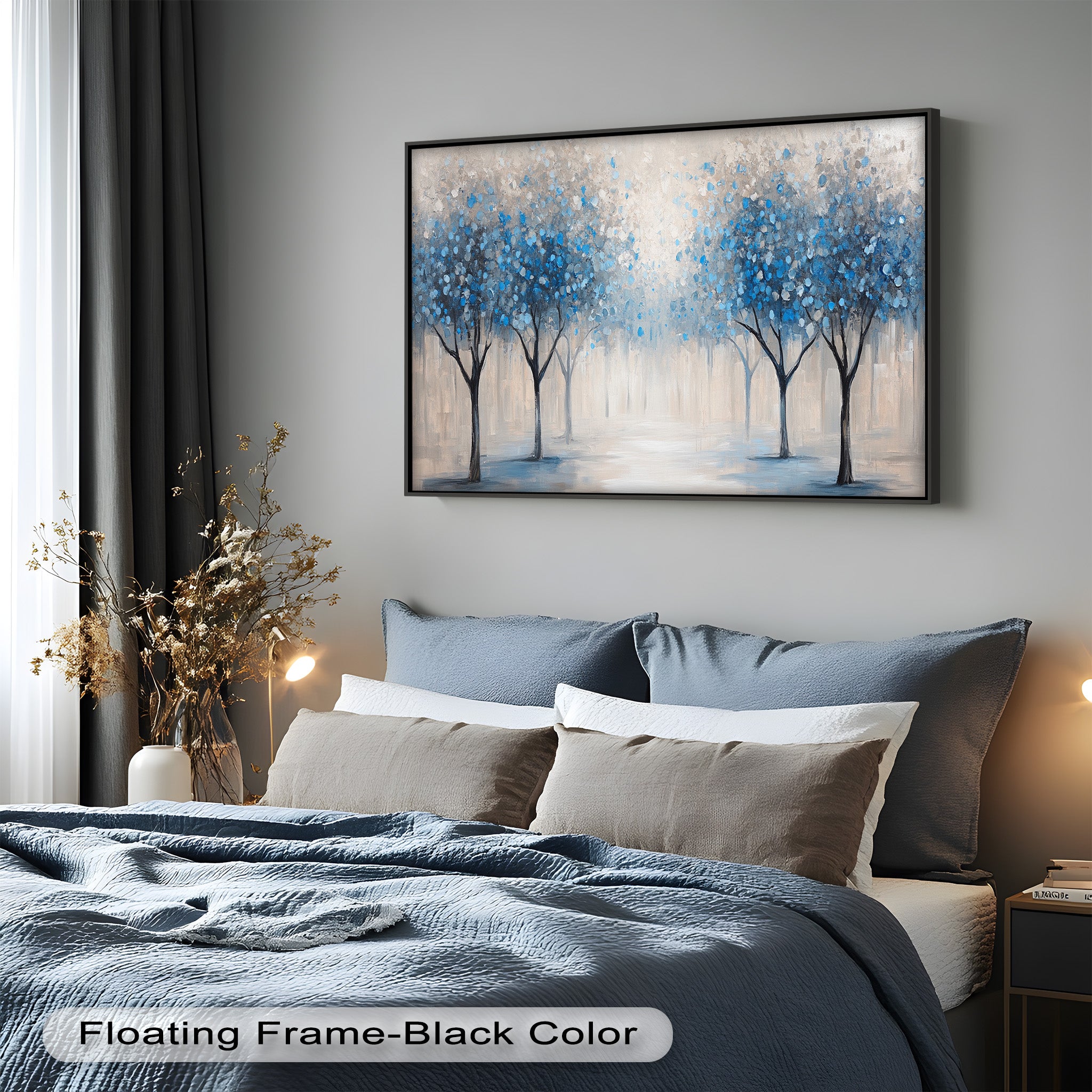 Blue Blossom Trees Wall Art - Floral Oil Painting Canvas Print for Living Room, Bedroom & Office Decor | Nature Inspired Home Decor