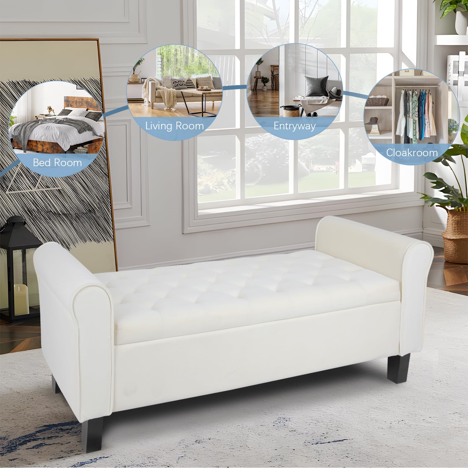 Upholstered Storage Ottoman Bench with Rolled Arms - Bedroom, Living Room & Entryway Furniture - Perfect for Bed End, Hallway Seating & Home Organization
