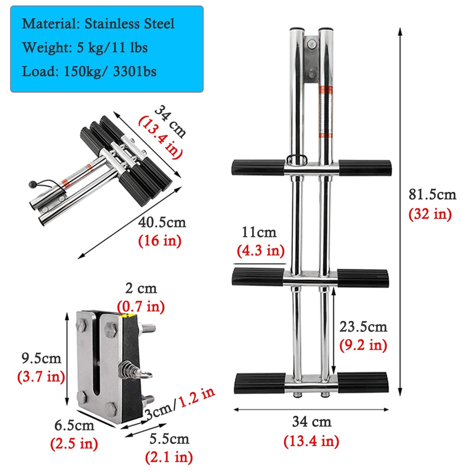 3-Step Folding Boat Ladder - Marine Boarding Ladder with Anti-Slip Treads (150kg Capacity) for Pontoon & Dock
