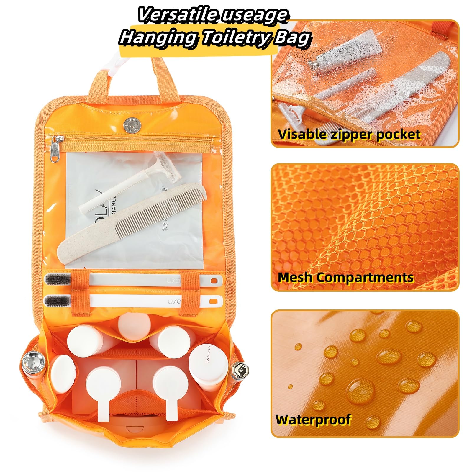 Waterproof Hanging Toiletry Bag for Travel - Large Capacity Makeup Organizer with Multiple Compartments for Men & Women - Perfect for Shaving Kit, Full-Sized Toiletries & Cosmetics Storage - Ideal for Camping, Gym, Business Trips & Vacation (Orange)