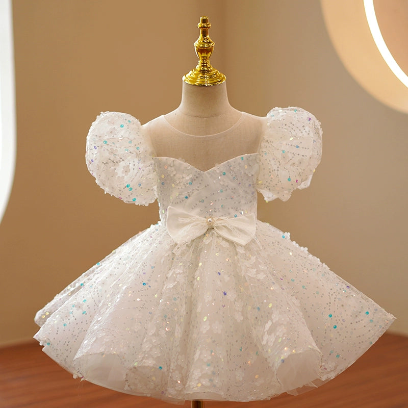 Princess Sweetheart Tea Length Organza Flower Girl Dress in White - Perfect for Weddings, Bridal Showers & Special Occasions