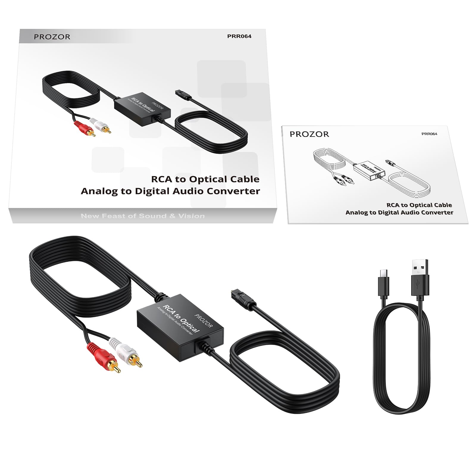 PROZOR RCA to Optical Audio Converter - Analog to Digital Converter Cable for Analog Signals to Toslink SPDIF Optical Digital Signals | Compatible with Computers, Laptops, Projectors & Soundbars | Perfect for Home Theater, Gaming & Audio Streaming Setups