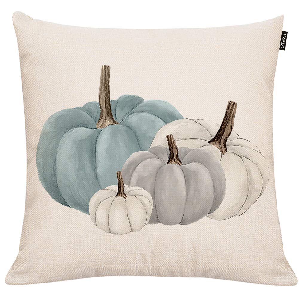 GTEXT Fall Pumpkins Throw Pillow Cover 18x18 Inch - Autumn Decor White Pumpkin Pillow Case for Couch, Sofa & Home - Cozy Linen Seasonal Decor for Thanksgiving, Halloween & Fall Living Room Decorations