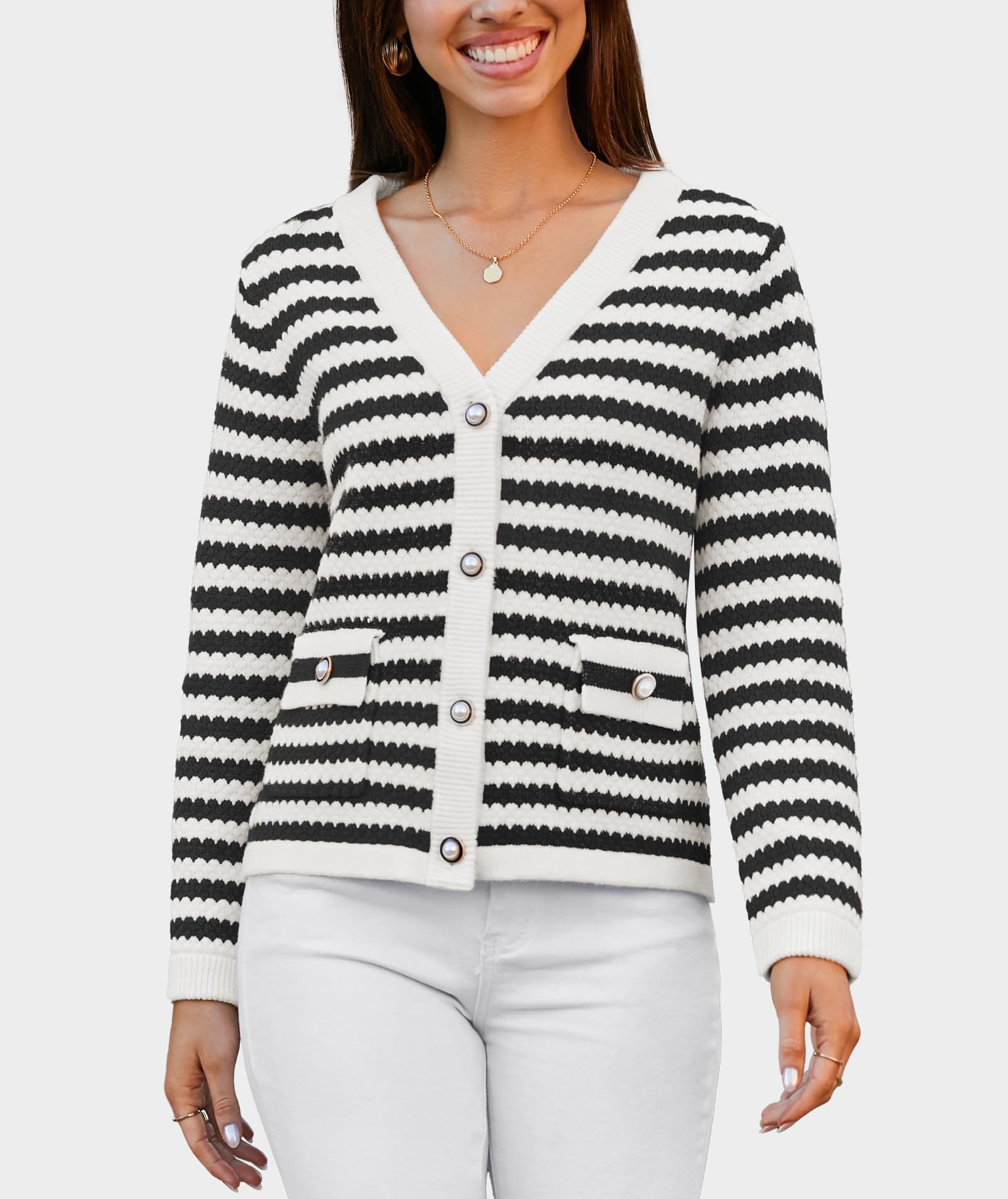 Women's V Neck Button Down Cardigan Sweater - Long Sleeve Knit Open Front Cropped Jacket for Spring | Casual Outerwear for Work, Date Night & Weekend Outings