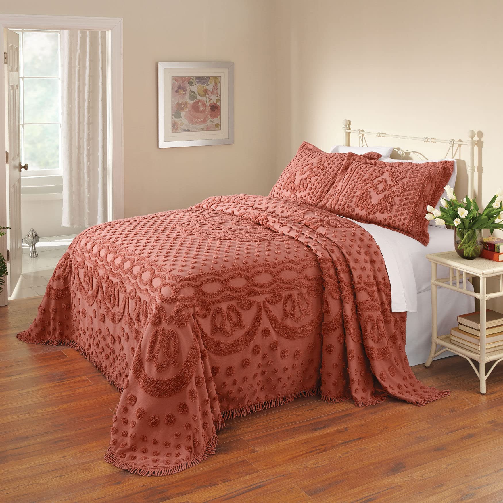BrylaneHome Georgia Chenille Bedspread - Full Size, Coral Red, Soft & Cozy Bed Cover for Master Bedroom, Guest Room, or Dorm Decor