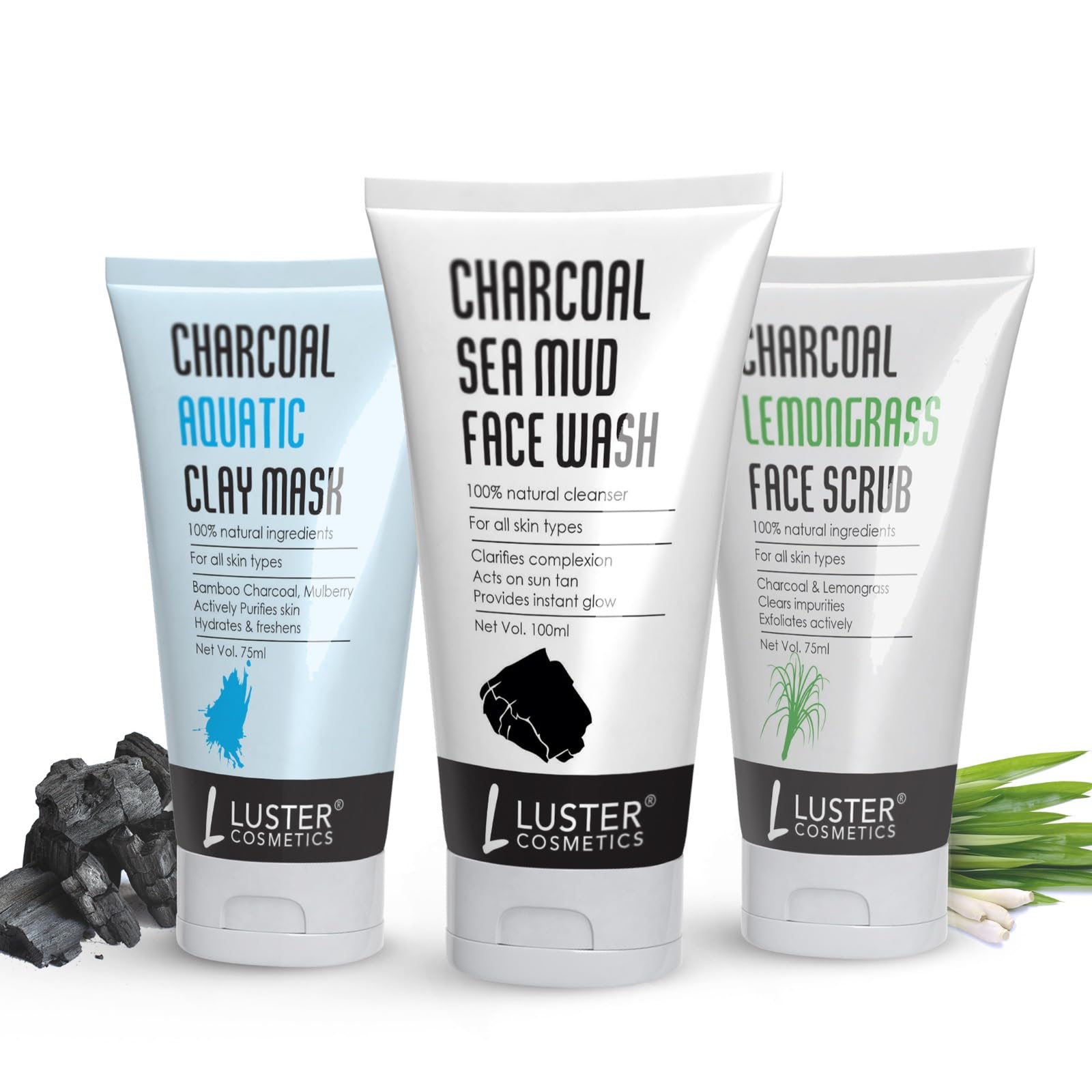 Luster Cosmetics Charcoal Detox Trio - Deep Cleansing Clay Mask, Purifying Sea Mud Face Wash & Exfoliating Lemongrass Scrub (75ml x 3 Pack) for Acne-Prone & Oily Skin - Spa Day & Night Skincare Routine