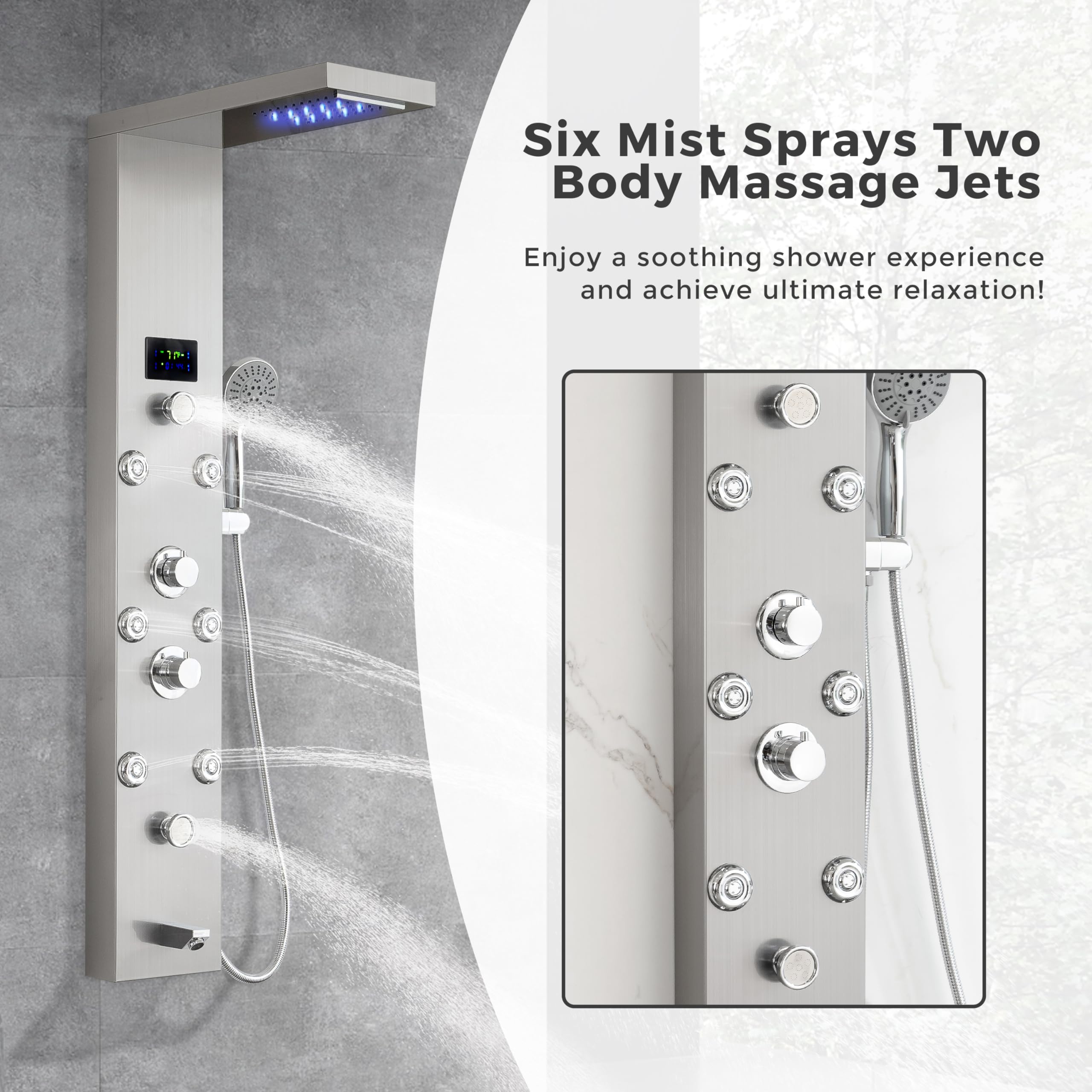 DELAVIN Stainless Steel LED Shower Panel Tower with Temperature Display - 5-Function Rainfall, Waterfall, Massage Jets, Tub Spout & Handheld Showerhead in Brushed Nickel | Perfect for Spa-Like Bathroom Upgrades & Luxury Shower Experiences