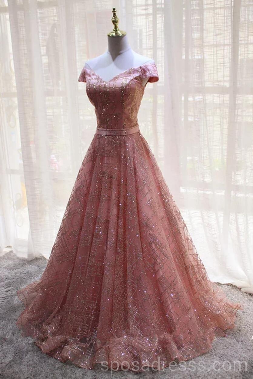 Sparkly Pink Off-Shoulder A-Line Long Evening Prom Dress for Sweet 16 - Custom Cheap Formal Gowns | Perfect for Prom Night, Homecoming, Quinceañera & Special Occasions