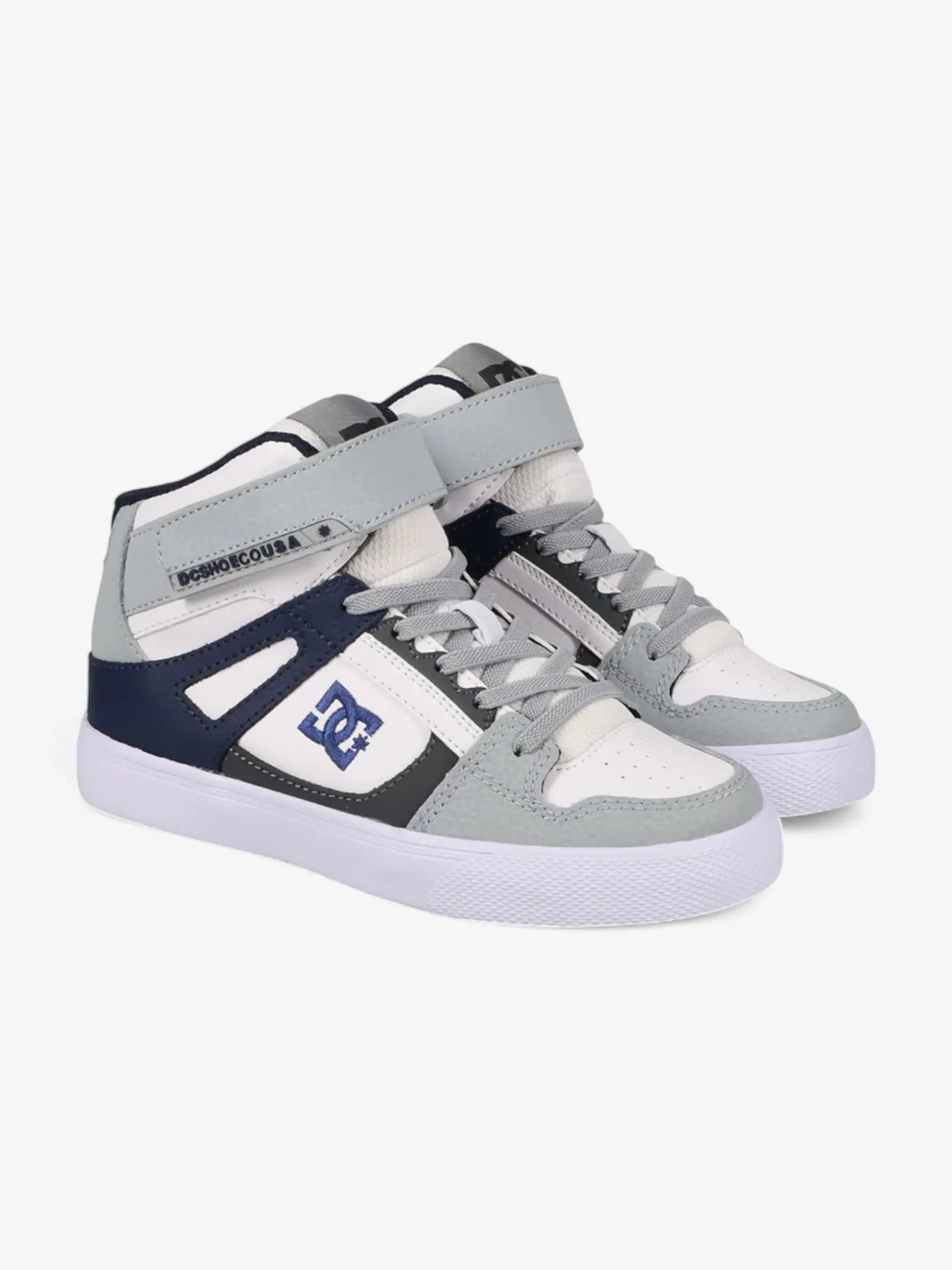 DC Pure Hi Top EV Skate Shoes for Boys - White, Gray & Blue - High Top Sneakers for Skateboarding, School & Casual Wear