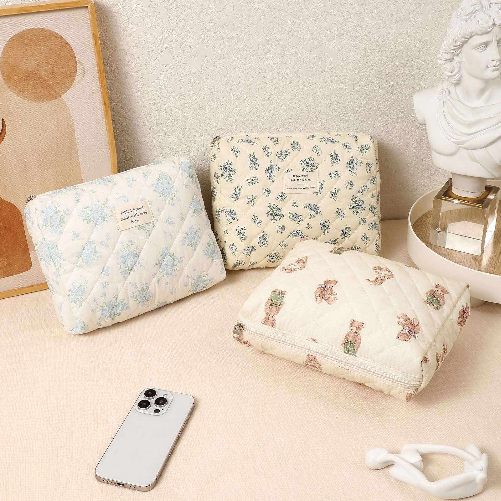 Quilted Cotton Makeup Bag 2PCS - Large Soft Floral Travel Cosmetic & Toiletry Organizer for Women & Girls (Blue Flower) | Perfect for Travel, Gym, and Daily Beauty Essentials Storage