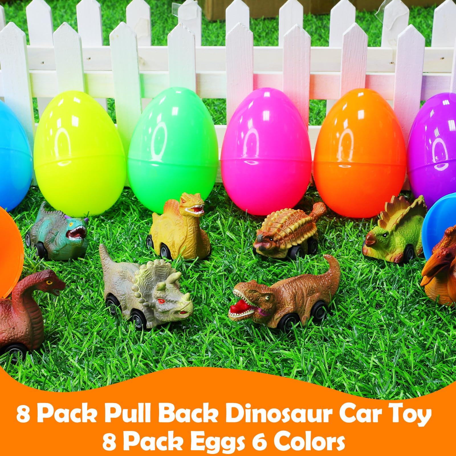 8 Pack Easter Eggs with Pull Back Dinosaur Cars - Fun Dinosaur Toys Inside for Kids & Toddlers - Perfect for Easter Basket Stuffers, Classroom Prizes, Easter Egg Hunts & Birthday Party Favors