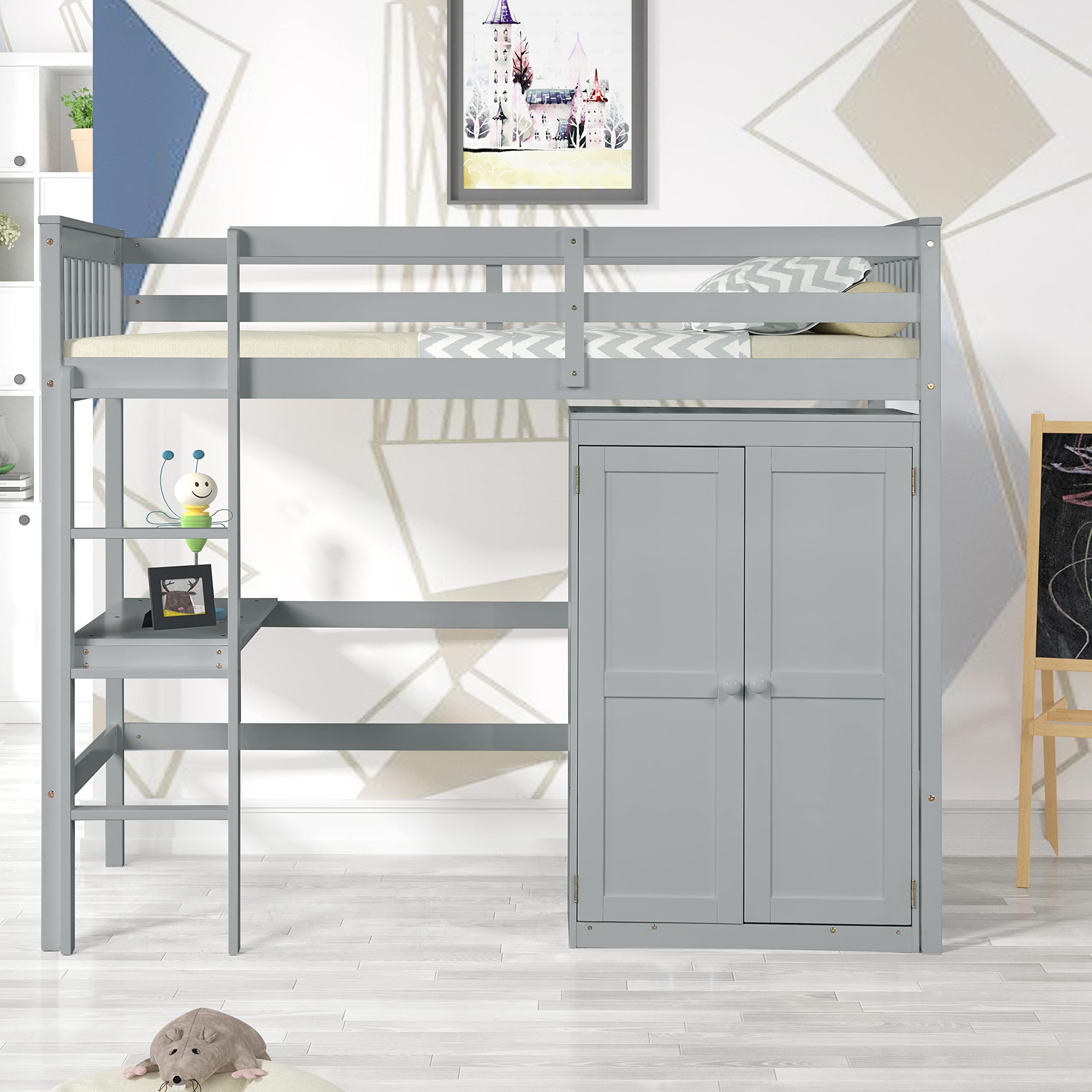 Harper & Bright Designs Twin Size Loft Bed with Desk & Wardrobe - Sturdy Wood Frame in Gray - Perfect for Kids' Bedrooms, Small Spaces & Dorm Rooms