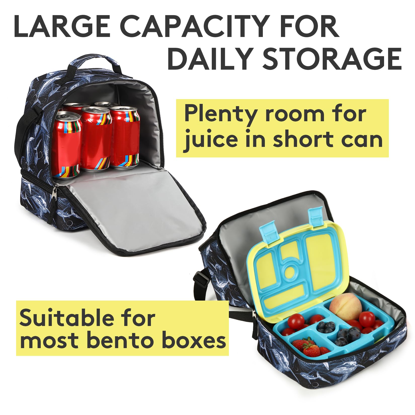 Tilami Insulated Lunch Bag with Adjustable Strap & Zipper - Water-Resistant Cooler Lunch Box for Kids & Toddlers (Shark Design) - Perfect for School, Picnics & Outdoor Activities