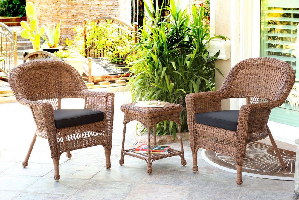 Jeco 3-Piece Wicker Patio Furniture Set - Rattan Chair with Side Table & Black Cushion, Honey Brown - Perfect for Outdoor Garden, Poolside, and Balcony Relaxation