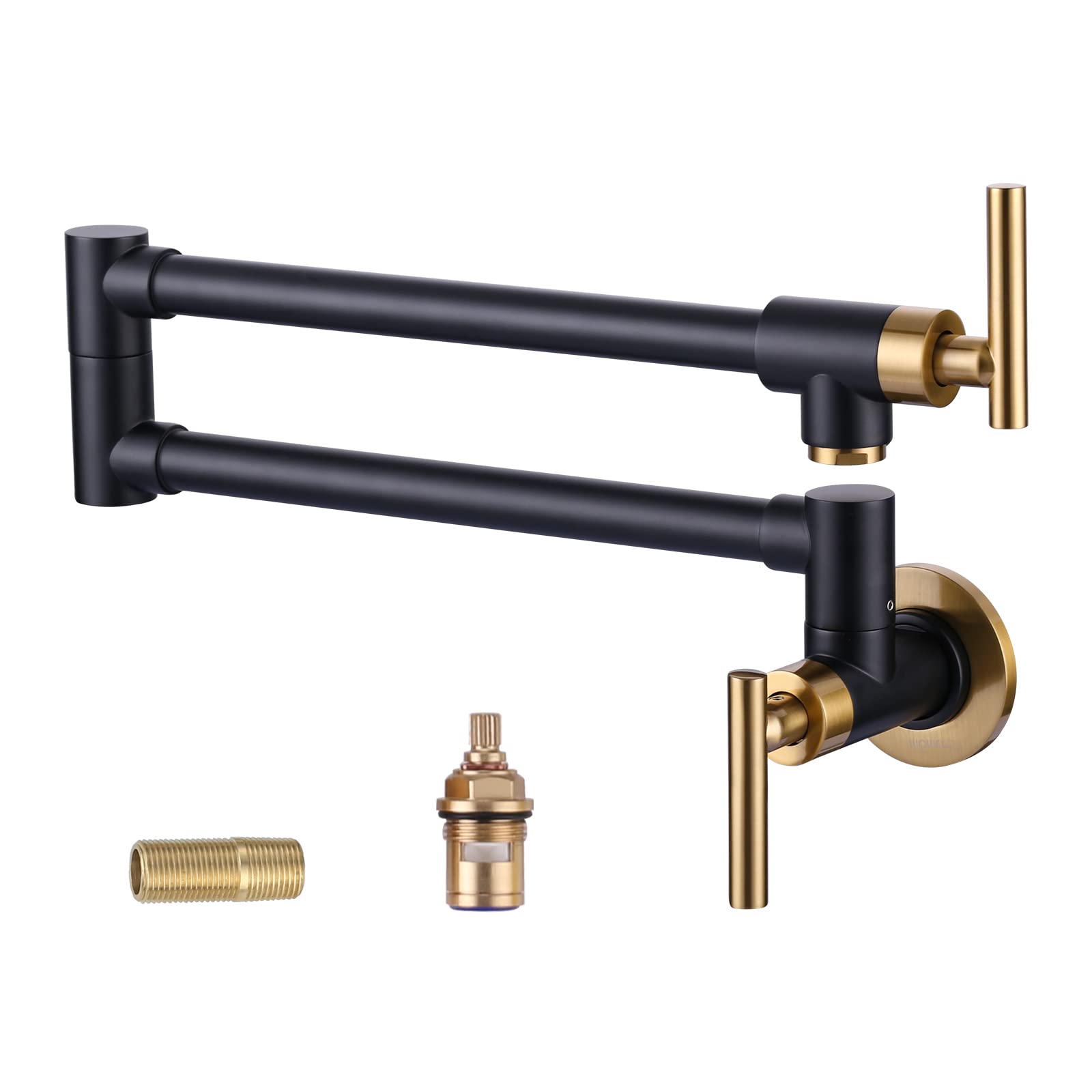 Premium Solid Brass Wall Mount Pot Filler Faucet - Black & Gold Commercial Kitchen Faucet with Stretchable Double Joint Swing Arm for Stove & Sink - Ideal for Restaurants, Home Kitchens & Cooking Enthusiasts