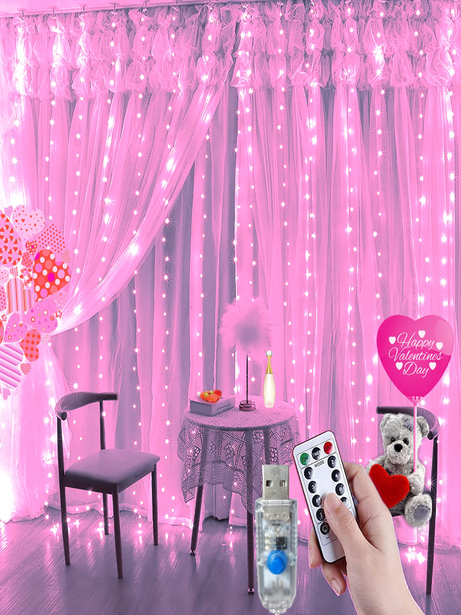 Fairy Curtain String Lights - 8 Lighting Modes, Pink LED Room Decor for Bedroom, Girls' Wall Lights, Valentine's Day Gift & Indoor Home Decoration - Perfect for Romantic Nights, Birthday Parties, and Cozy Ambiance