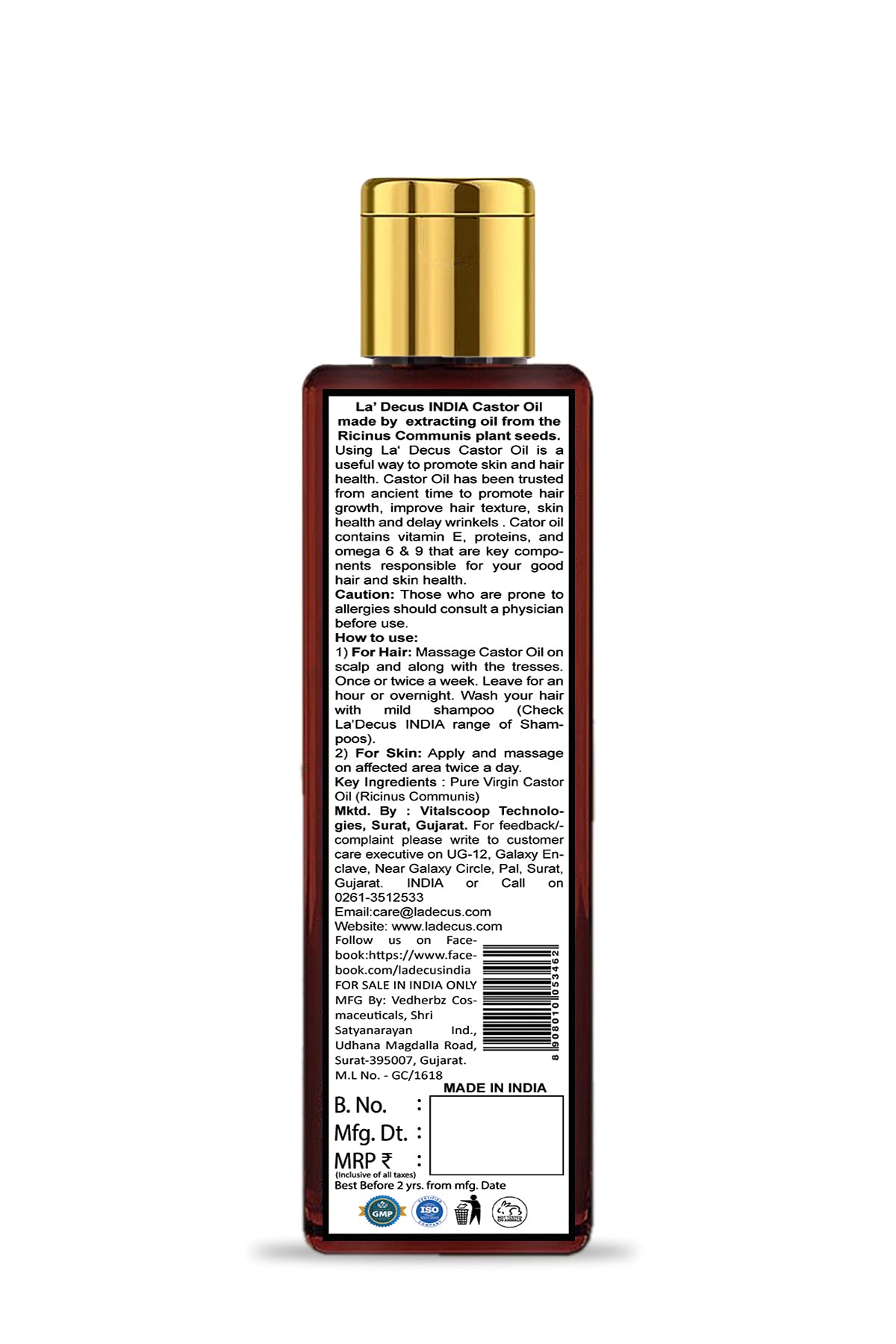 La' Decus® 100% Pure Virgin Cold Pressed Castor Oil for Hair Growth & Eyelashes - Natural, Chemical-Free, Hexane-Free (200ml) | Promotes Thicker Hair & Stronger Lashes | Perfect for Hair Care, Skin Moisturizing & DIY Beauty Treatments