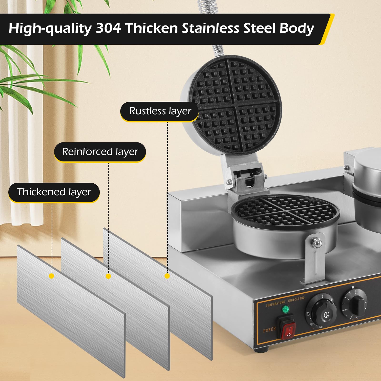 **Dyna-Living 2400W Commercial Waffle Maker - Double Non-Stick Round Waffle Iron for Restaurants, Hotels & Cafes - Heavy Duty Stainless Steel - Perfect for Breakfast, Brunch & Dessert Buffets**