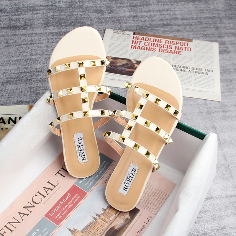 2023 Summer Women's Sandals - Casual Flat Slippers with Fashion Rivet Design, Comfortable Walking Shoes for Ladies (Large Size Available) - Perfect for Beach, Shopping & Daily Wear